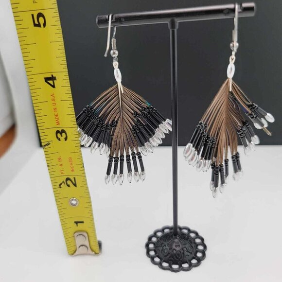 Beaded peacock feather earrings. GUC - Picture 6 of 7
